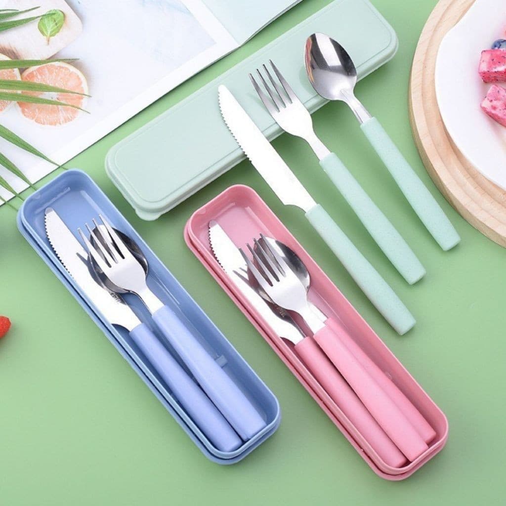 Jogo Talher Colher 3pc Inox Estojo Garfo Faca Colher Marmita Viagem