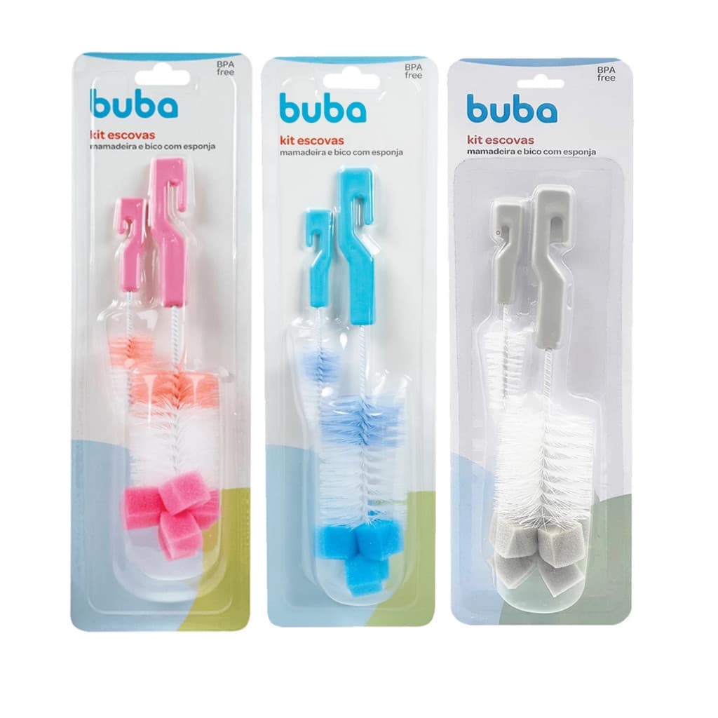 Escova Para Lavar Mamadeira e Bico Buba Com Esponja | Kit Higienização Bebê | Livre de BPA