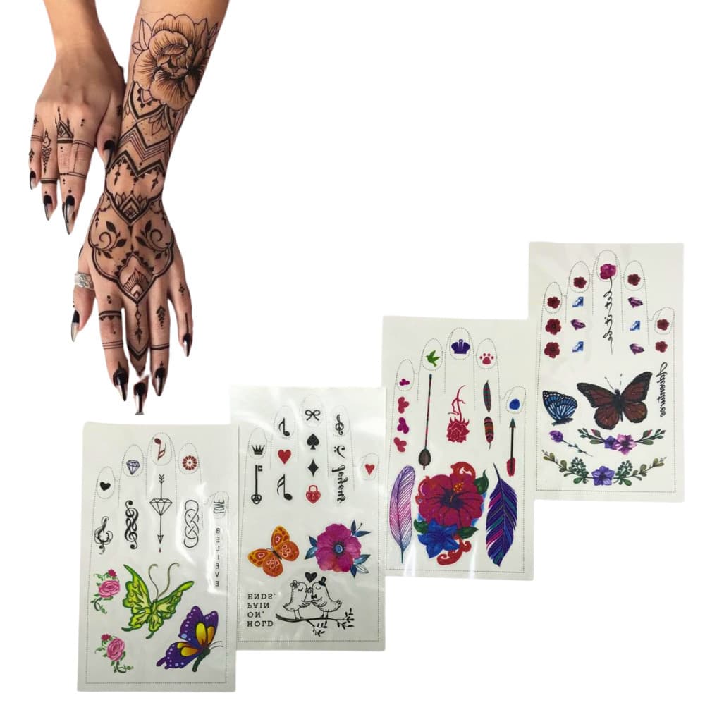 4 Cartelas de Adesivos de Tatuagem de Mão De Folha Temporária À Prova D'água