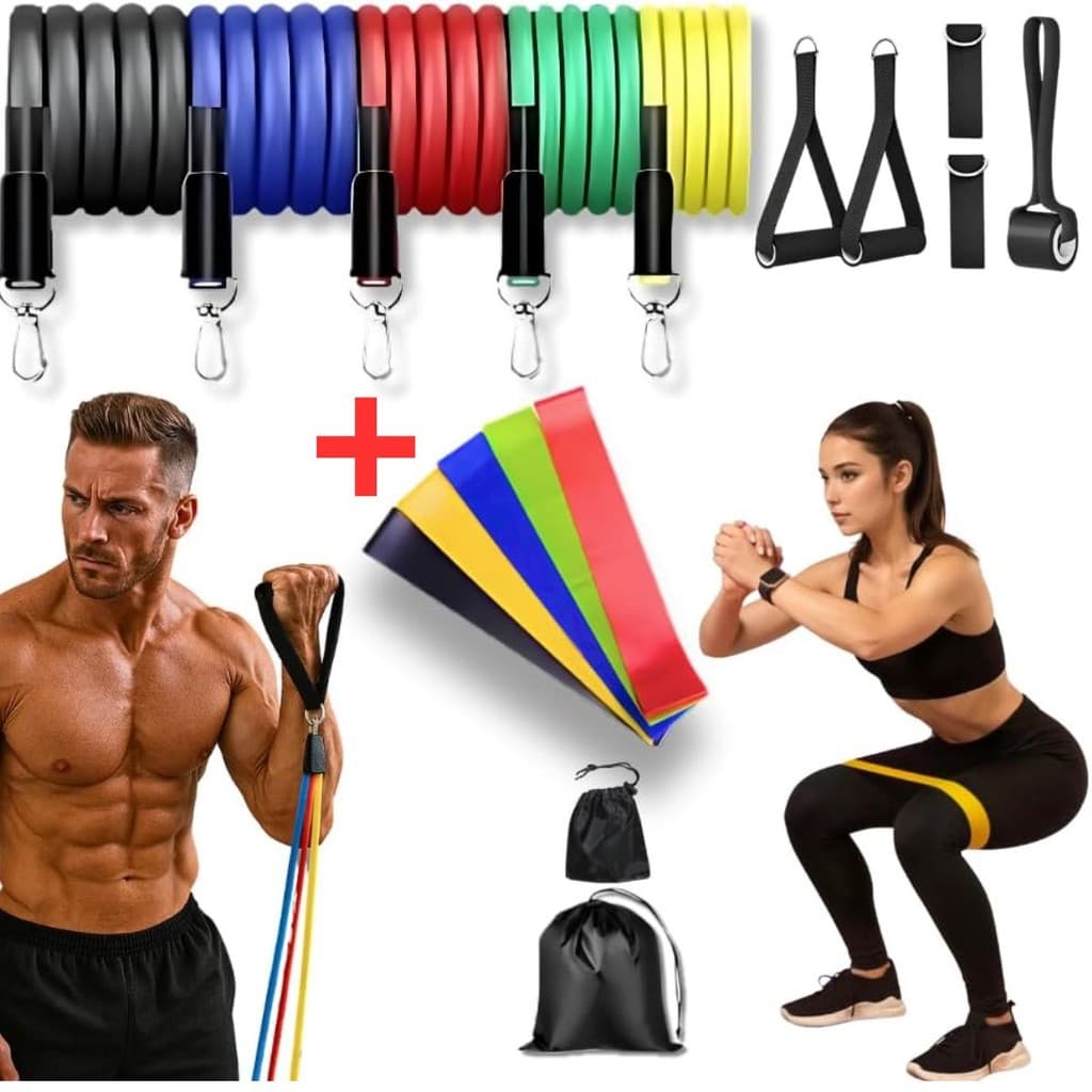Kit Elástico Treino Extensor 11 Itens + 5 Faixas Mini Band Exercício Fisioterapia Academia em Casa