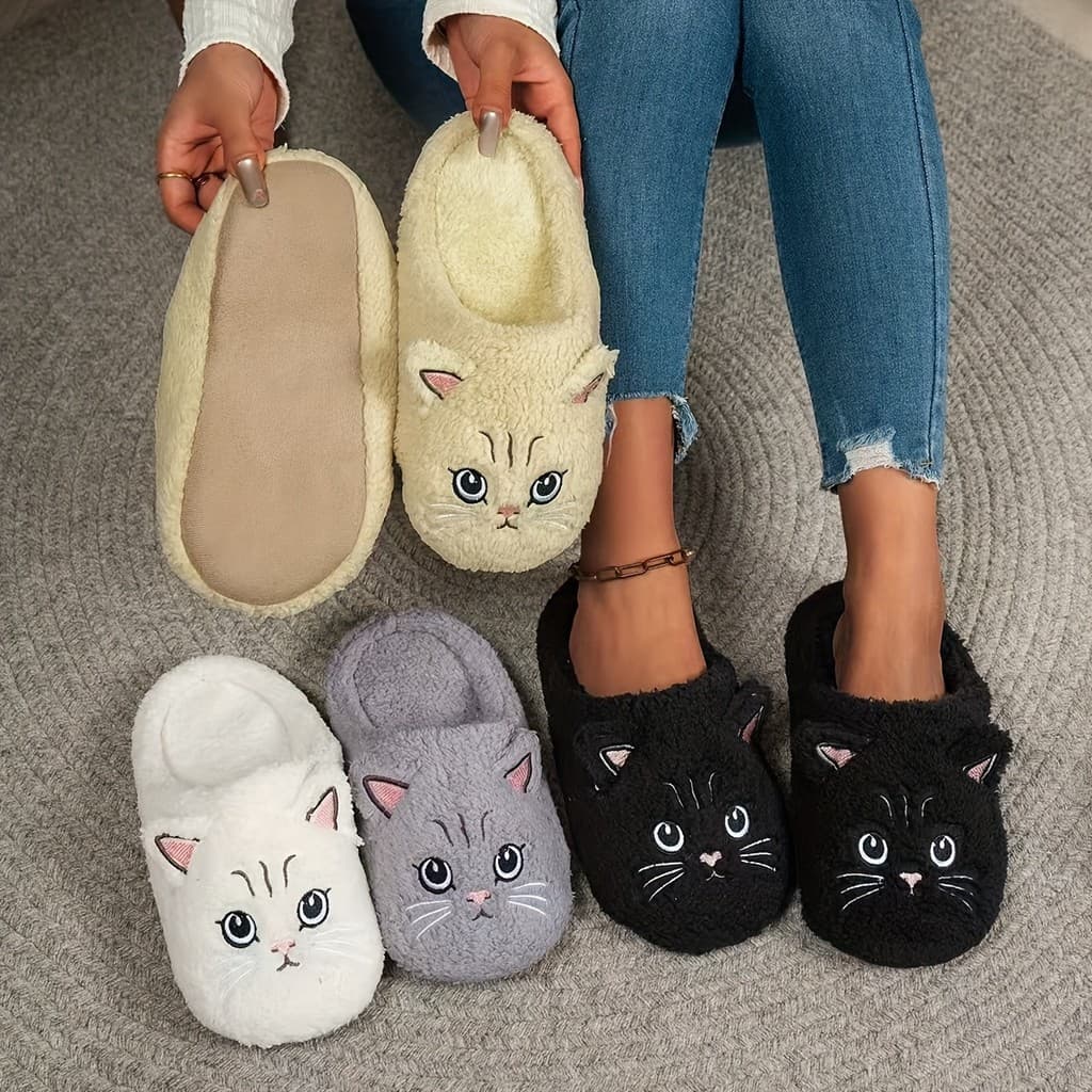 Chinelos femininos com Design de gato, tecido de pelúcia macio, primavera outono, duas estações, sapatos confortáveis pa