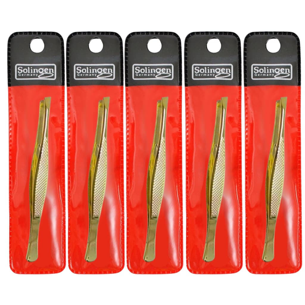 Kit 5 Pinças Solingen Chanfrada Dourada Designer Sobrancelhas