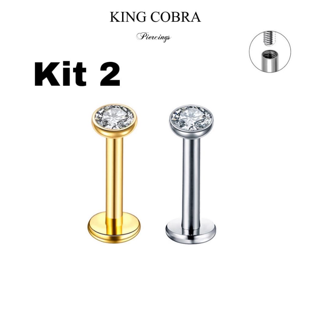 Kit 2 Piercing Labret Aço Cirúrgico Zircônia Rosca Interna | Helix, Tragus, Conch, Nariz, Boca-Medusa KA117