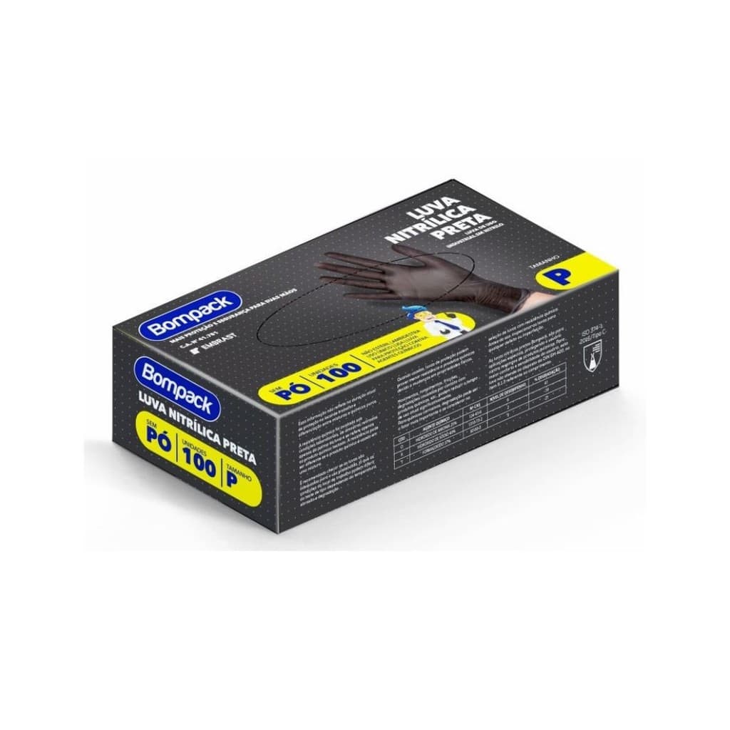 Luva Nitrílica Preta Sem Pó Bompack Tamanho P;M;G – 100 Unidades