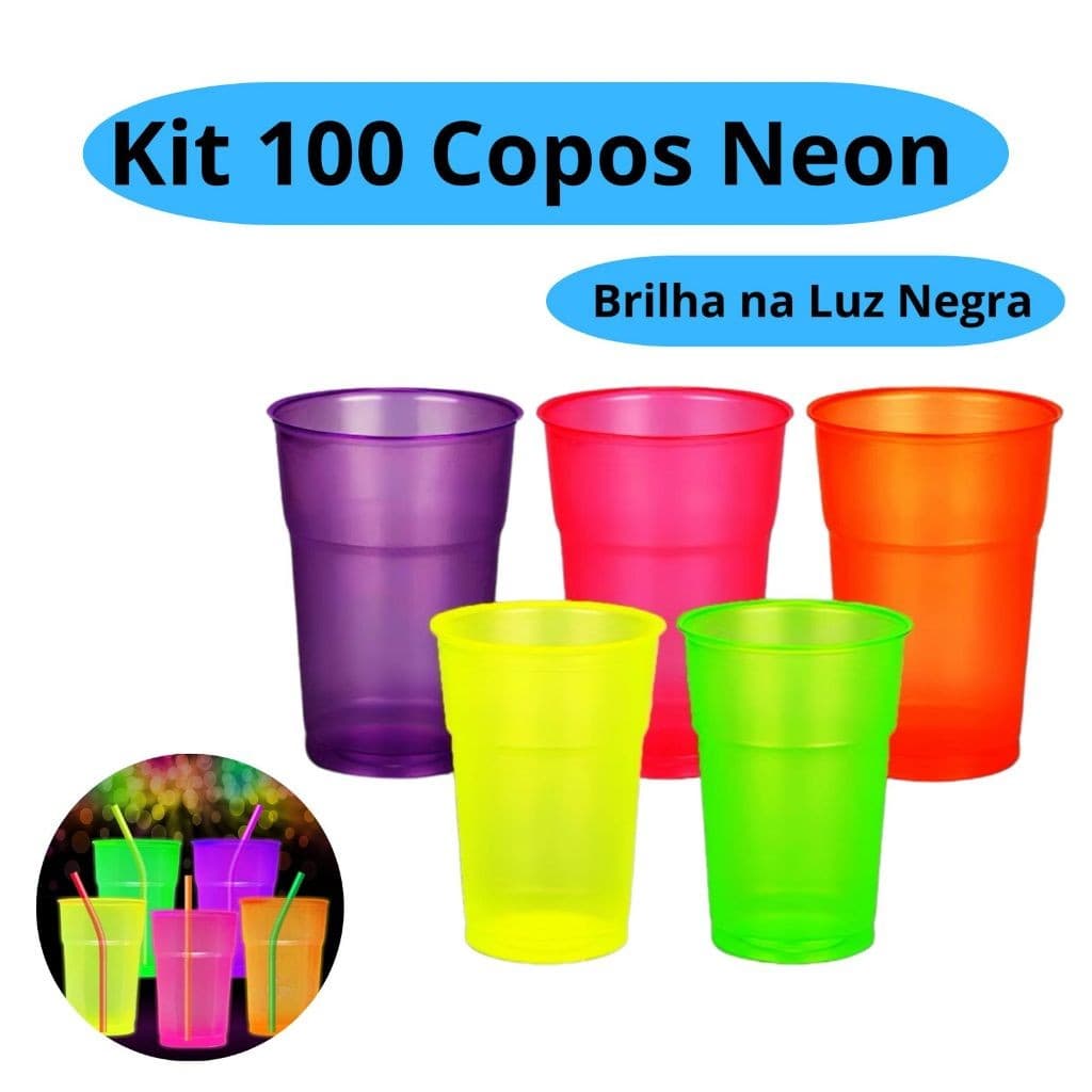 Kit 100 Copos Neon 300ml  Premium Descartável Para Drink Bebida Festa Aniversário