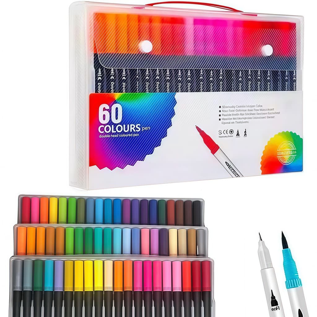Kit 60 Cores Caneta 2 em 1 Brush Lettering e Ponta Fina Dual Pen Canetinha Colorir Desenho