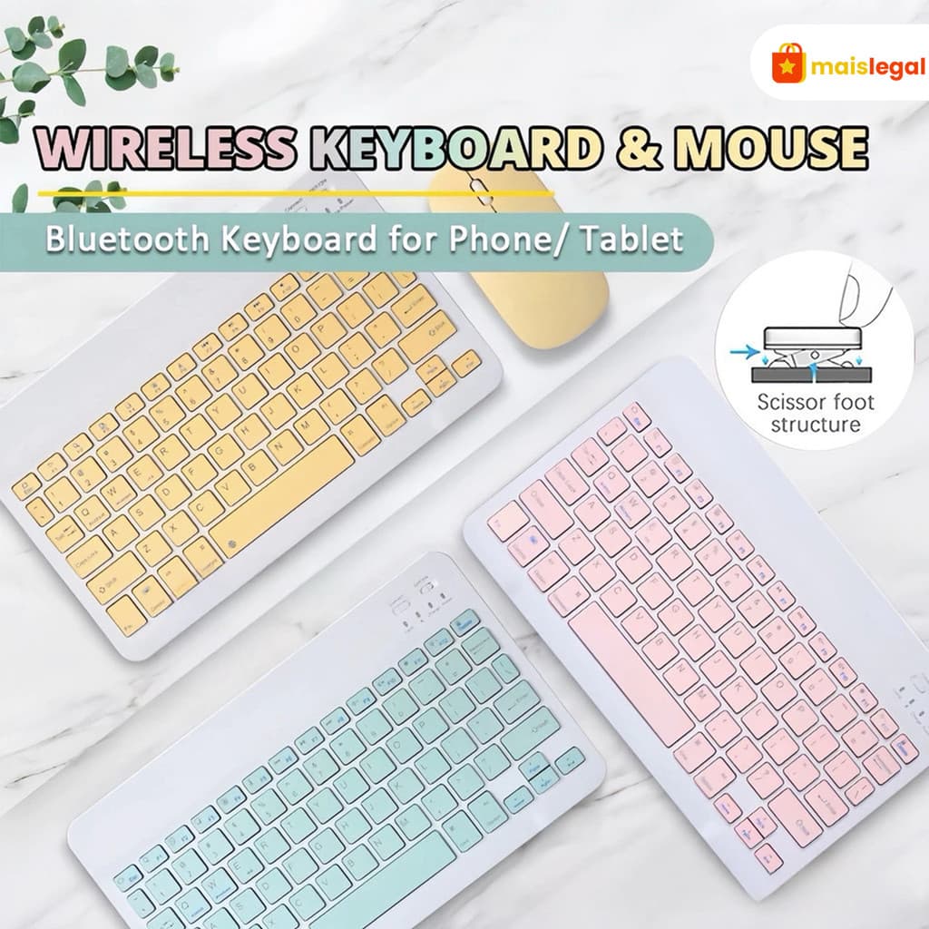 Kit teclado e mouse sem fio Bluetooth – cores macaron, compatível com PC, iPad e tablet.