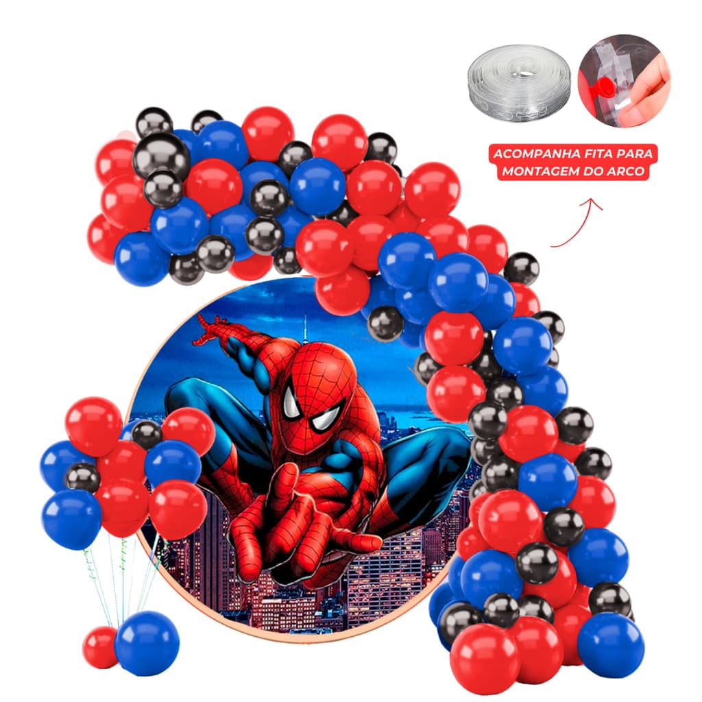 Kit 125 Balões Festa Homem Aranha  + Fita Arco - Balão Bexiga Liso/Cromado Para Aniversários