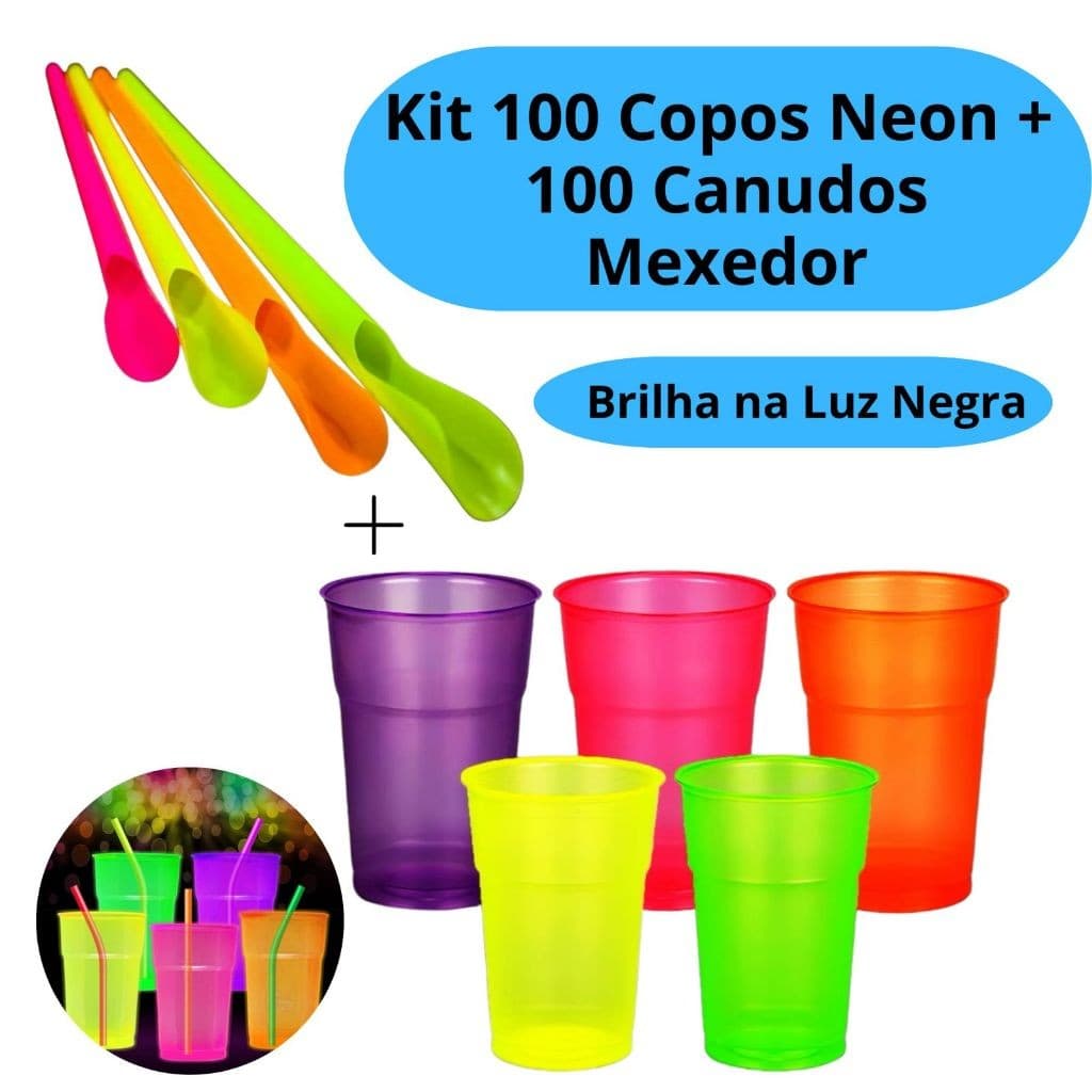 Kit 100 Copos Neon 300ml + Canudo Mexedor Premium Descartável Para Drink Bebida Festa Aniversário
