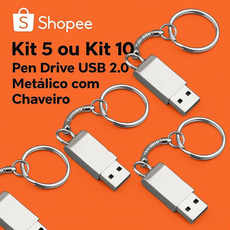 Kit 5 ou 10 Pen Drive USB 2.0 Metálico com Chaveiro – 8GB 16GB 32GB 64GB p/ Celular, PC e Notebook