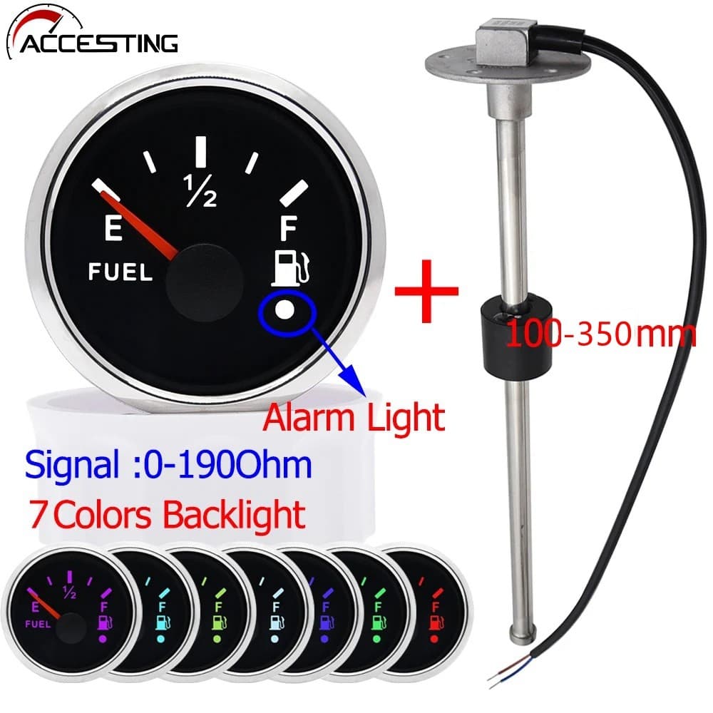 100-450mm 52mm Medidor De Nível De Combustível De 7 Cores + Sensor Flutuação 0-190 Ohm Para Carro , Barco Marinho , RV ,