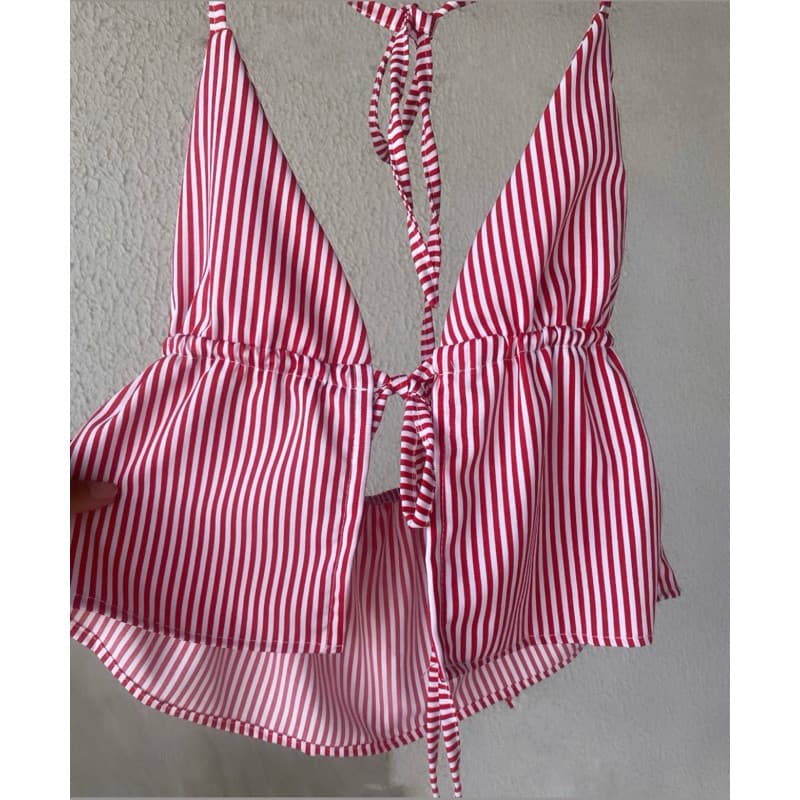 Bata Feminina Regata  Casual Listrada com Pescoço em Halter e Amarração Nas Costas Cropeed