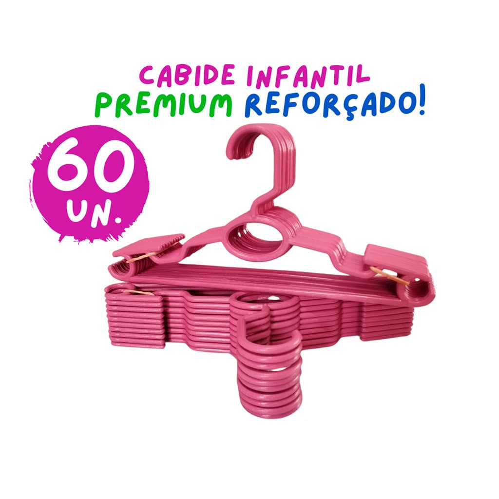 Kit 60 Cabides Infantil Bebê Baby Reforçado Rosa Plástico Cruzeta Roupa Resistente Premium