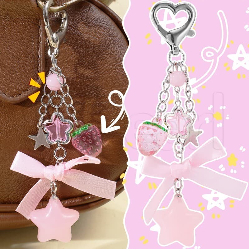 Chaveiro Com Laço De Morango-Corrente De Telefone Estrela Fofa-Pingente De Bolsa Rosa Bownot-Decoração De Mochila Modern