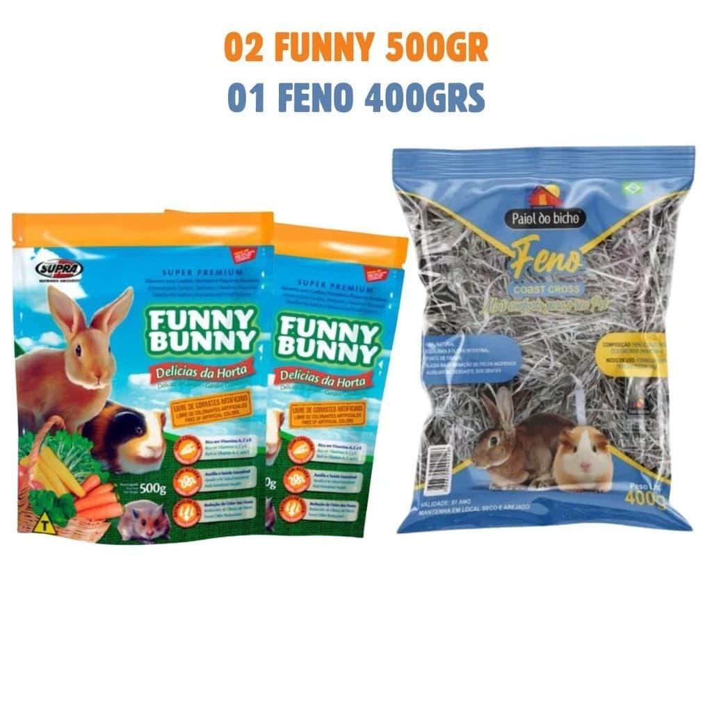 Ração Funny Bunny 2un Delicias Da Horta 500g + 01 Feno 400grs