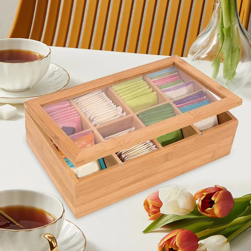 Organizador Porta Chá Sachê Bambu Caixa Decorativa Bijuterias 6/8 Divisórias Especiarias