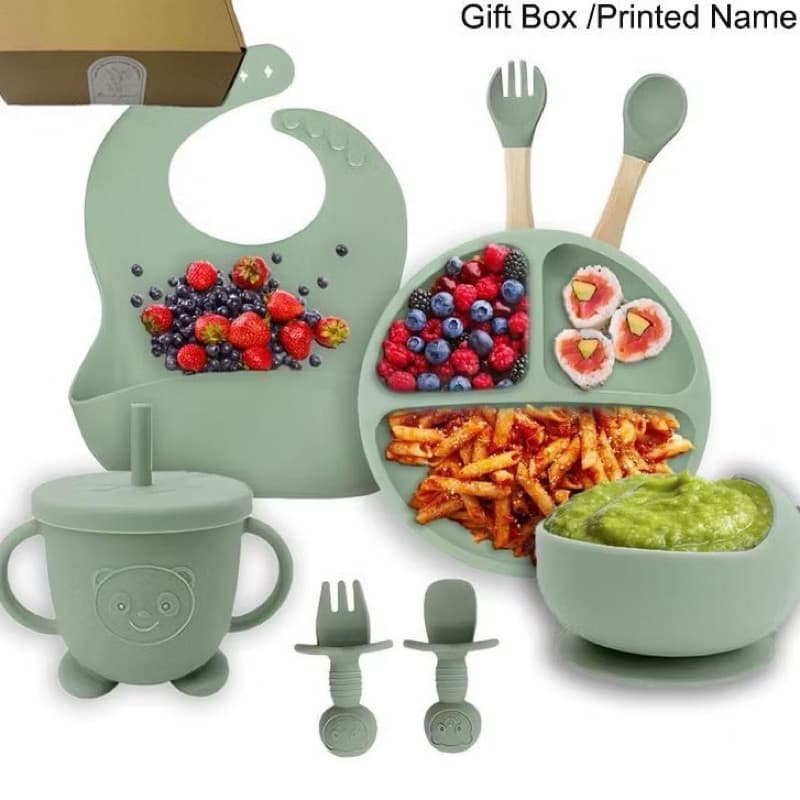 kit 6 pcs / 8 Peças Talheres alimentação bebê silicone  kit Talheres Infantil Com Ventosa Canudo Colher Babador Garfo