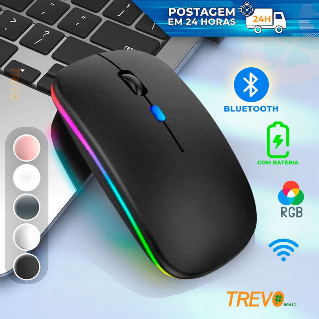 Mouse Sem Fio Wireless Led Rgb 2,4GHz Bluetooth Bateria Interna  Ergonômico Silencioso