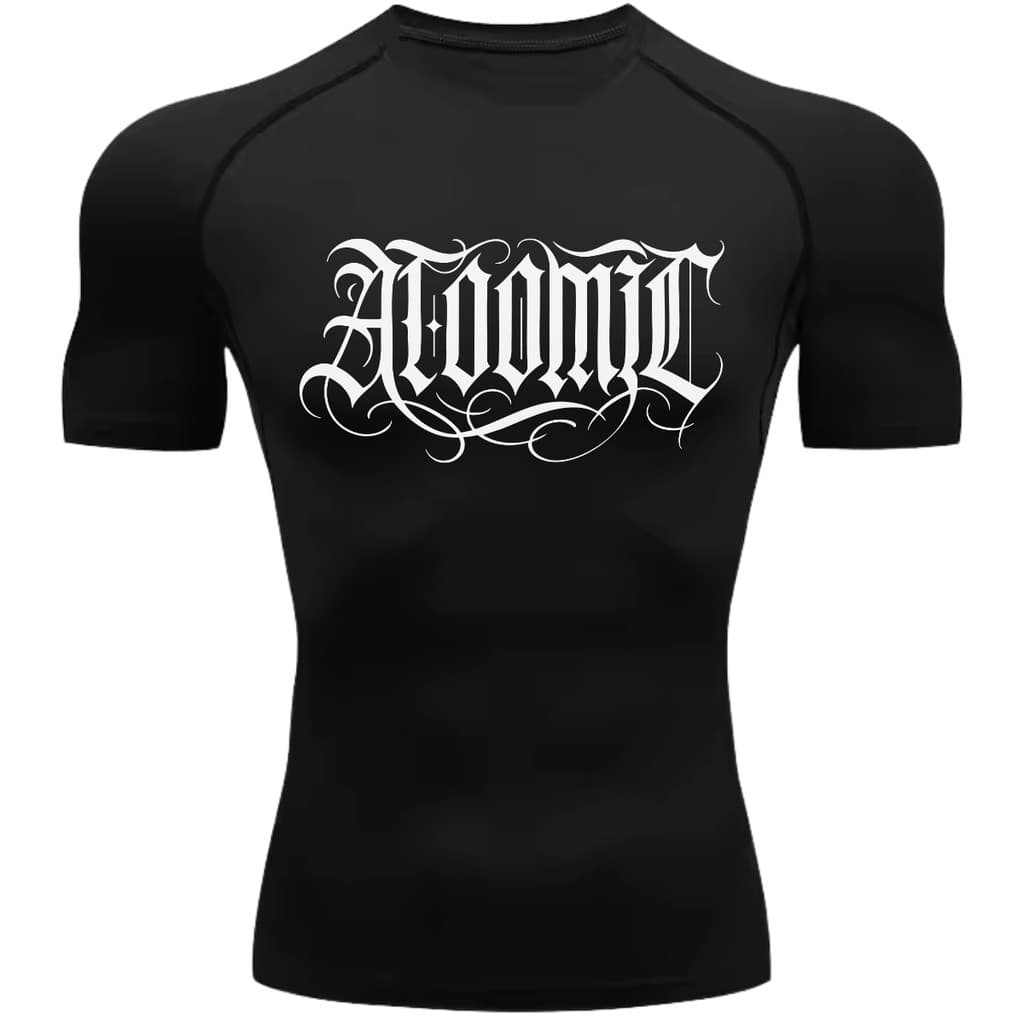 Camiseta Compressão Térmica Proteção UV +50 Manga Curta Lettering Tattoo Atoomic Gótico