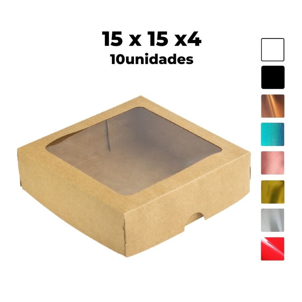Caixa com Visor  - Quadrada 15x15x4 com 10 unidades - Kraft - Metalizadas - Visor Acetato - ASSK
