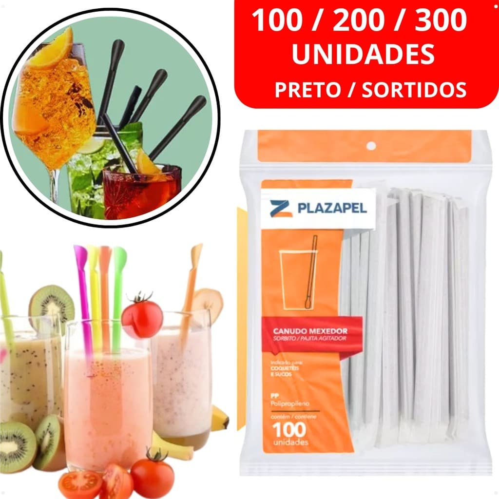 300 Canudo Mexedor Sache Colher Pazinha Descartável Plástico Colorido Preto Drinks Caipirinhas
