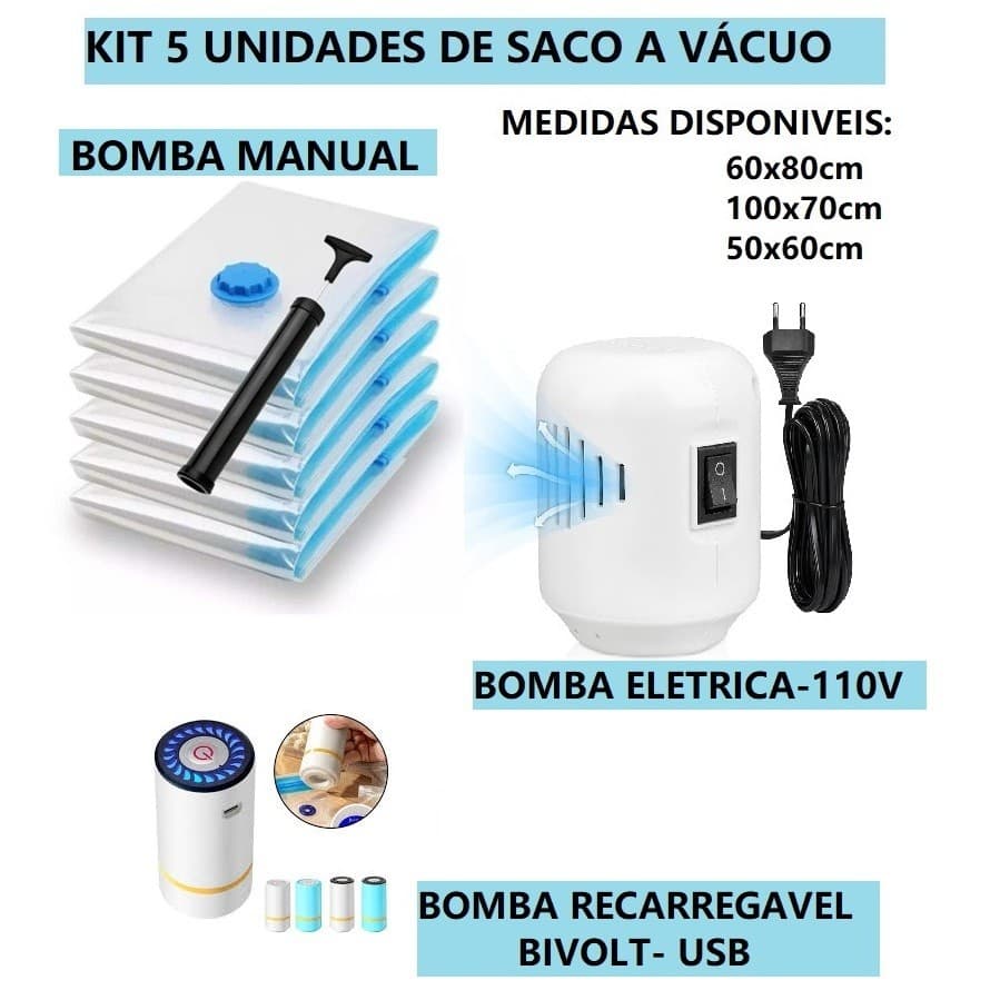 OFERTA KIT 5 Saco Organizador A Vácuo Para Viagem Ou Bomba De Ar Ou Eletrica USB Varias Medidas