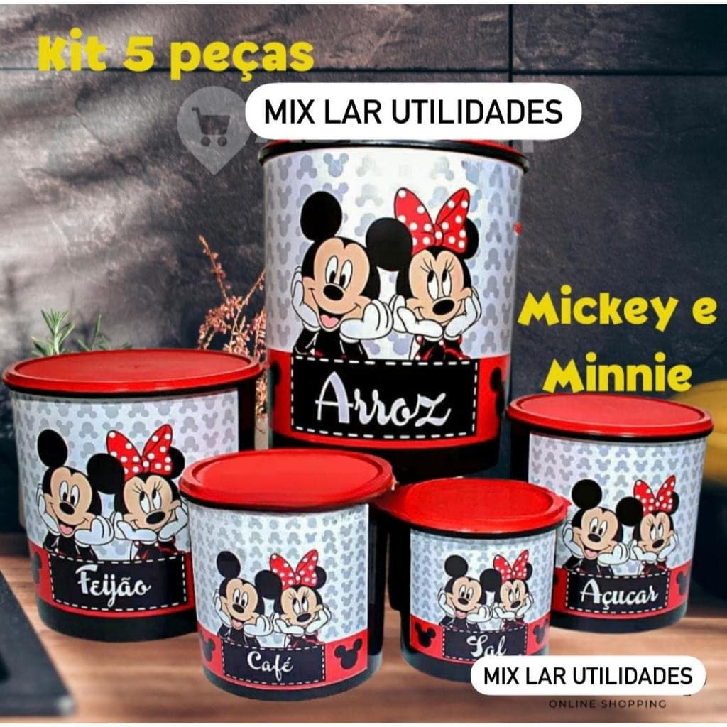 Kit Mantimentos 5 potes para alimentos Mickey e Minnie Apaixonados