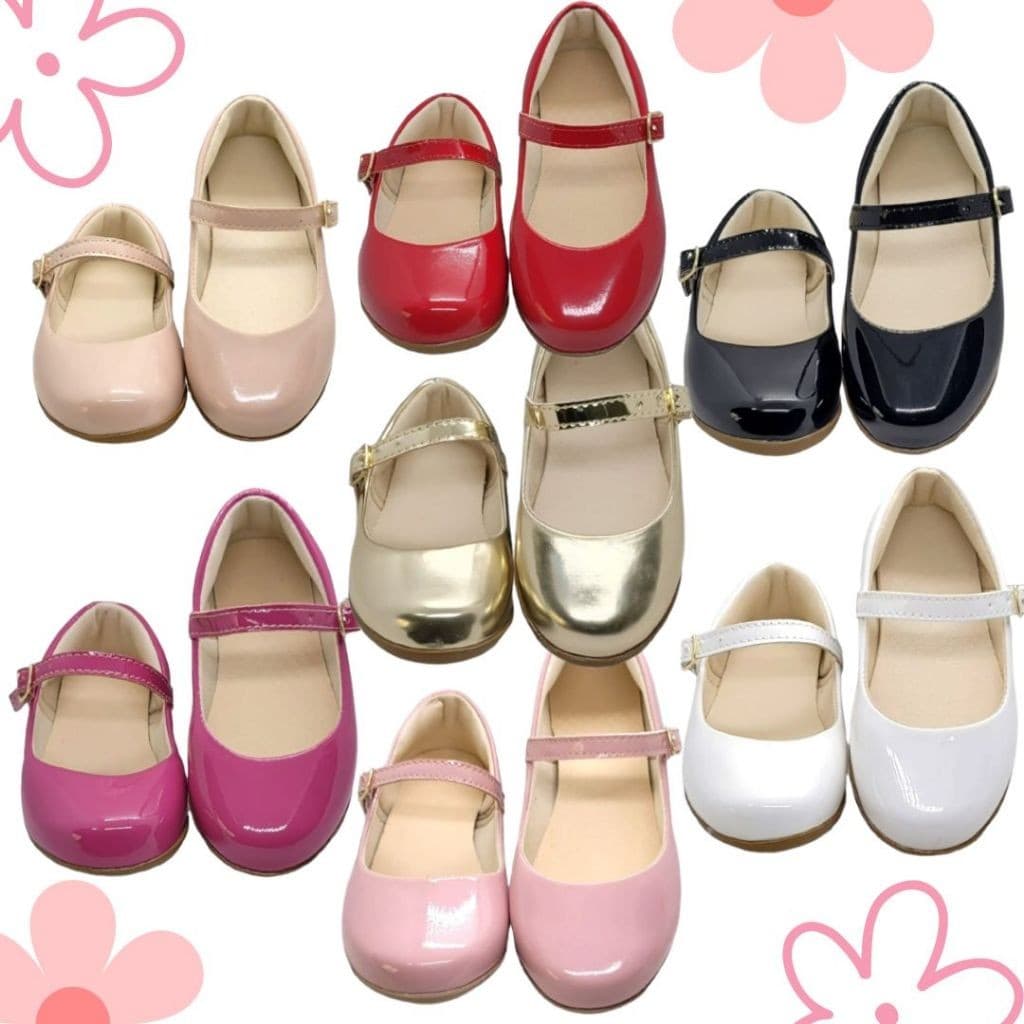 Sapatilha Infantil Criança Menina Sapatinho de Boneca Macia Leve Social Abotoar Fechado Lisa Verniz
