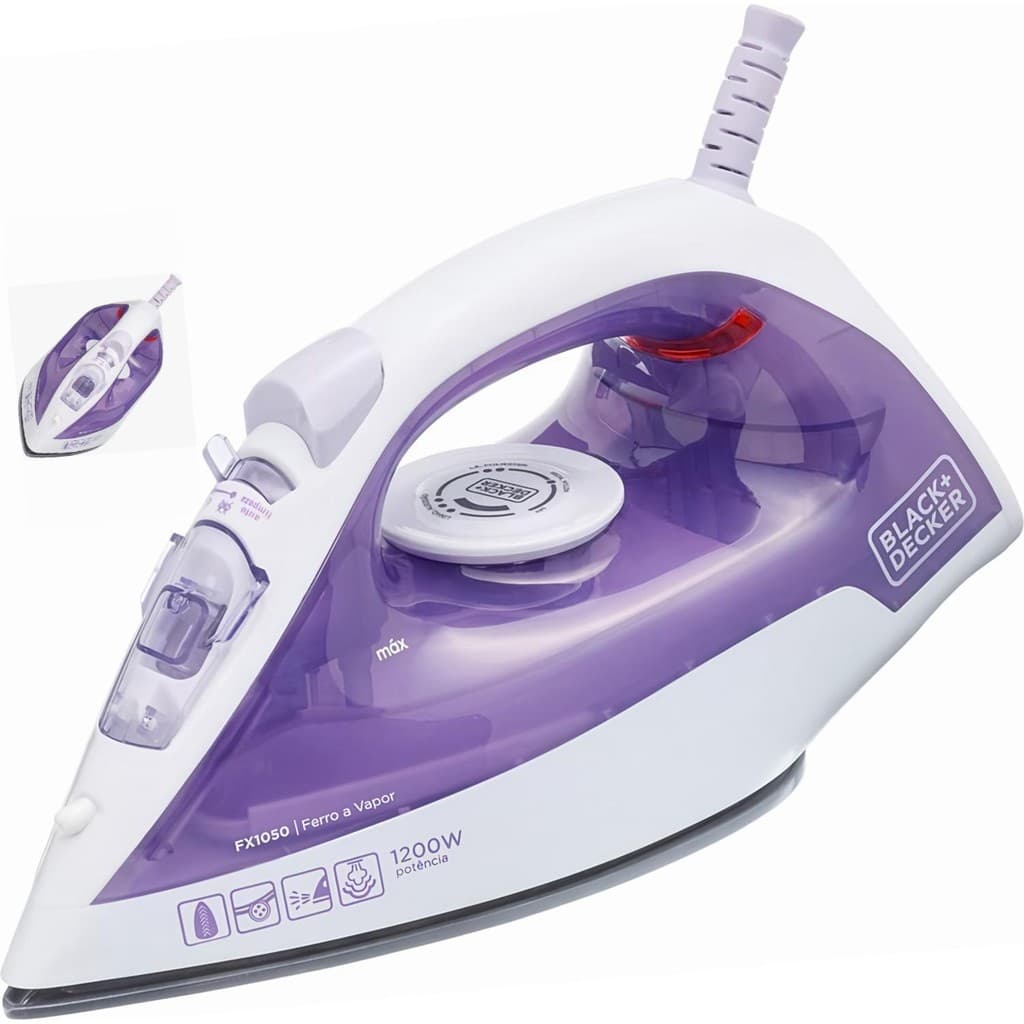 Ferro Passar Roupa Vapor Seco Black+Decker FX1050 1200W Base Antiaderente 15g/min Reservatório 240ml Roxo
