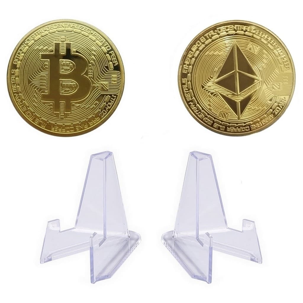 Kit 2 Moedas Física Bitcoin e Ethereum + 2 Suportes De Acrílico Coleção Criptomoeda Case Hold