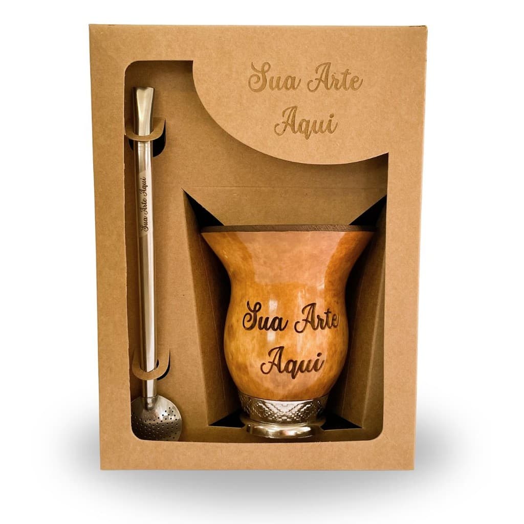 Kit Chimarrão Personalizado na Caixa - Cuia Porongo e Bomba Inox