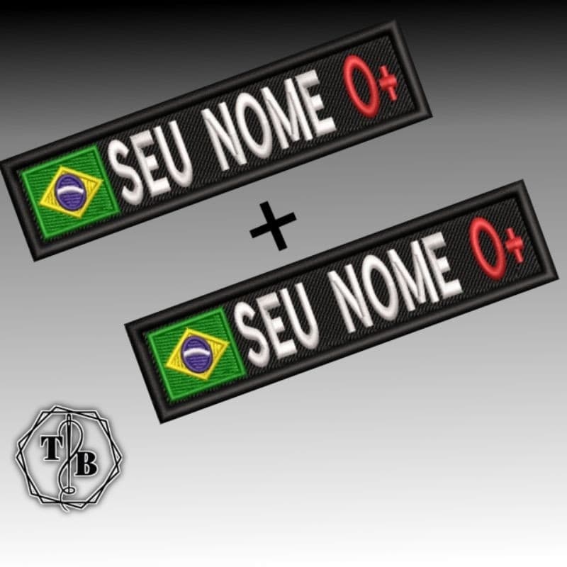 KIT 2 TARJETAS SUSTACHE BORDADA COM BANDEIRA DO BRASIL E TIPO SANGUÍNEO OPCIONAIS