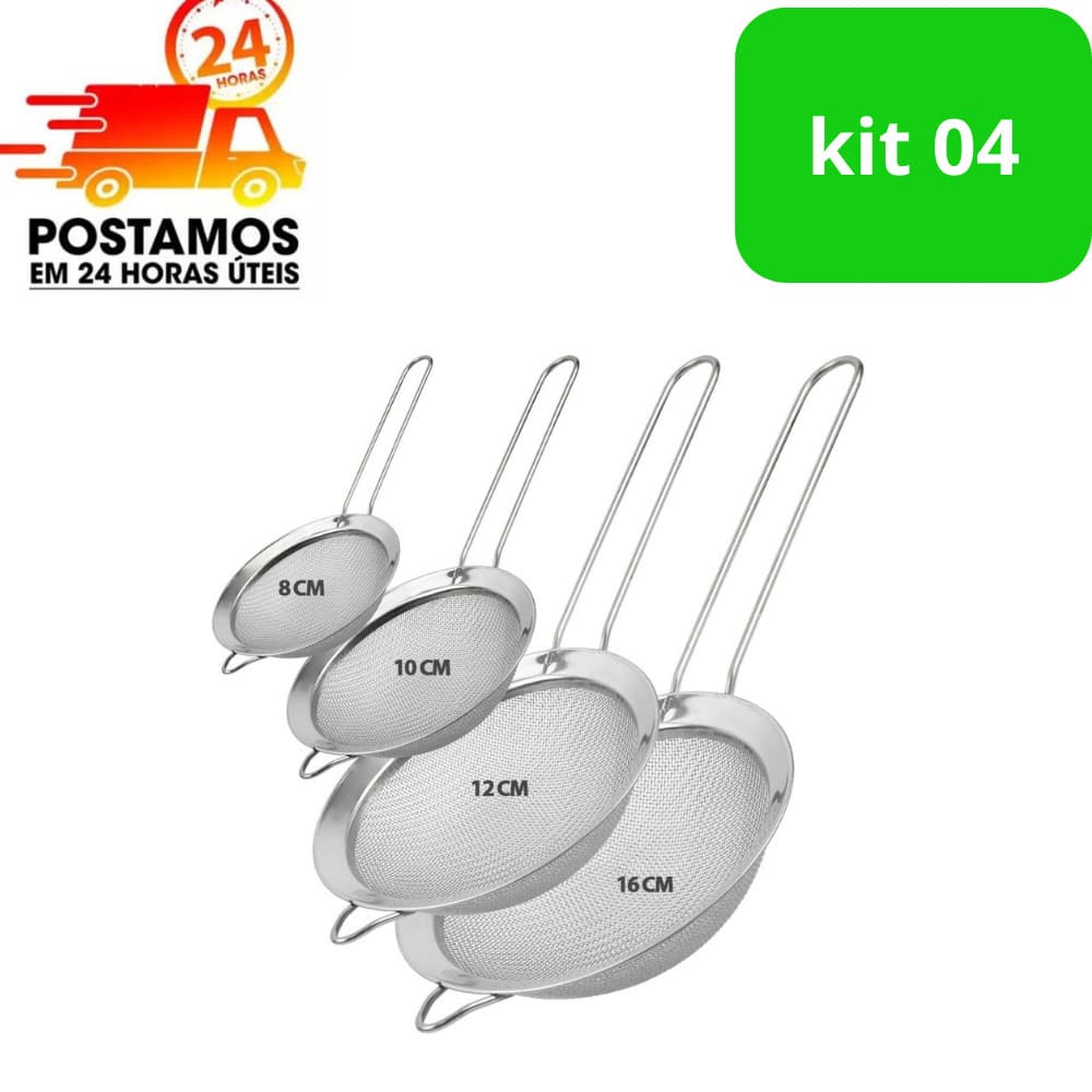 Kit 4x Peneira Inox 8/10/12/16cm para Cozinha Drinks Confeitaria Polvilhar Peneirar Açúcar Farinha