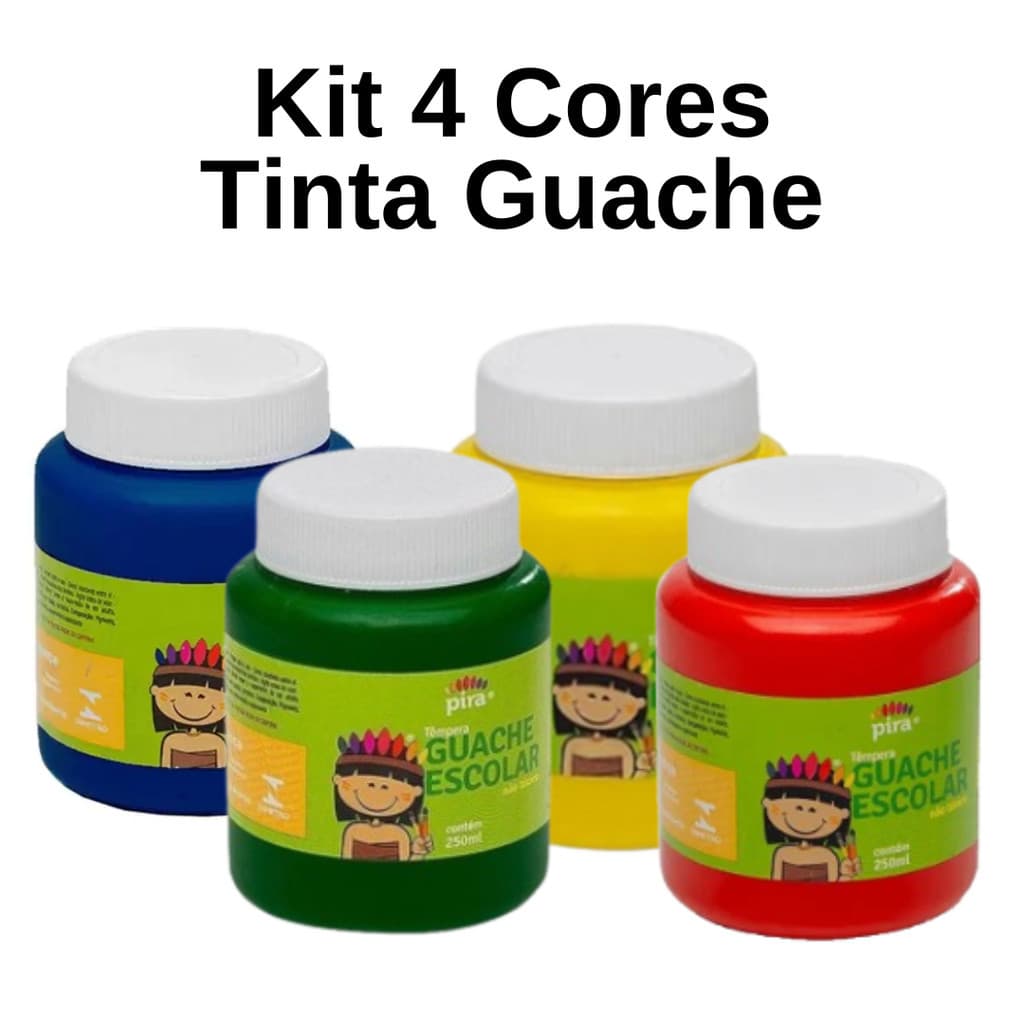 Kit 4 Tintas Guache Cores Variadas 250ml Piratininga