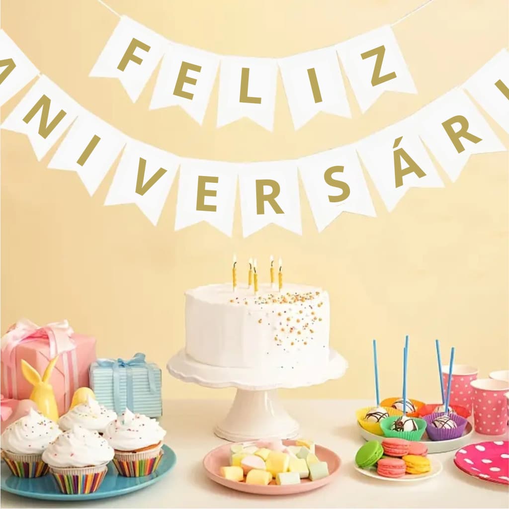 Bandeira Feliz Aniversário Banderola Letras Douradas Faixa Decorativa festa aniversario surpresa