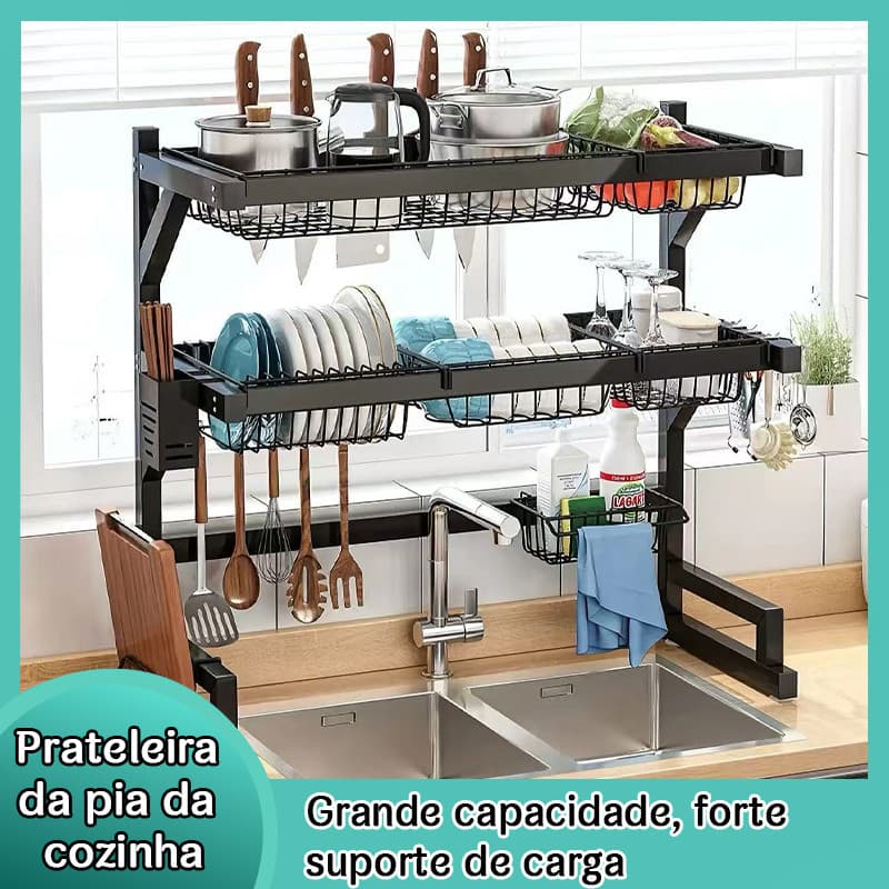 Escorredor Organizador de Louças Preto Aço Inoxidável Organizador Louça  65/85cm Com 4 presentes