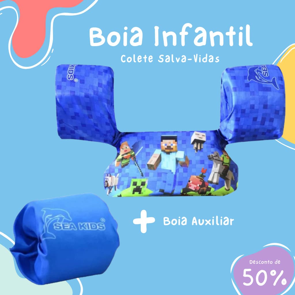 Colete Boia Infantil Salva-Vidas + Boia Auxiliar para Criança 1 a 8 Anos até 35kg NÃO FURA de ESPUMA
