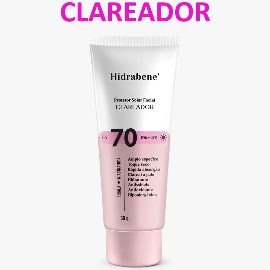 Protetor Solar Facial Clareador  Hidrabene FPS 70 Toque Seco Antissinais Clareia a pele 50g