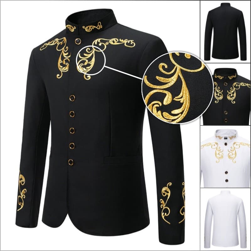 Terno Fino Ajuste Masculino Blazer Gola Mandarim Ouro Bordado Jaqueta Único Breasted Casamento Baile Jantar Festa De Ano