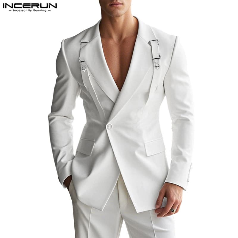 INCERUN Blazer Masculino Vintage Desconstruído Com Fivela De Metal Cor Sólida Casual