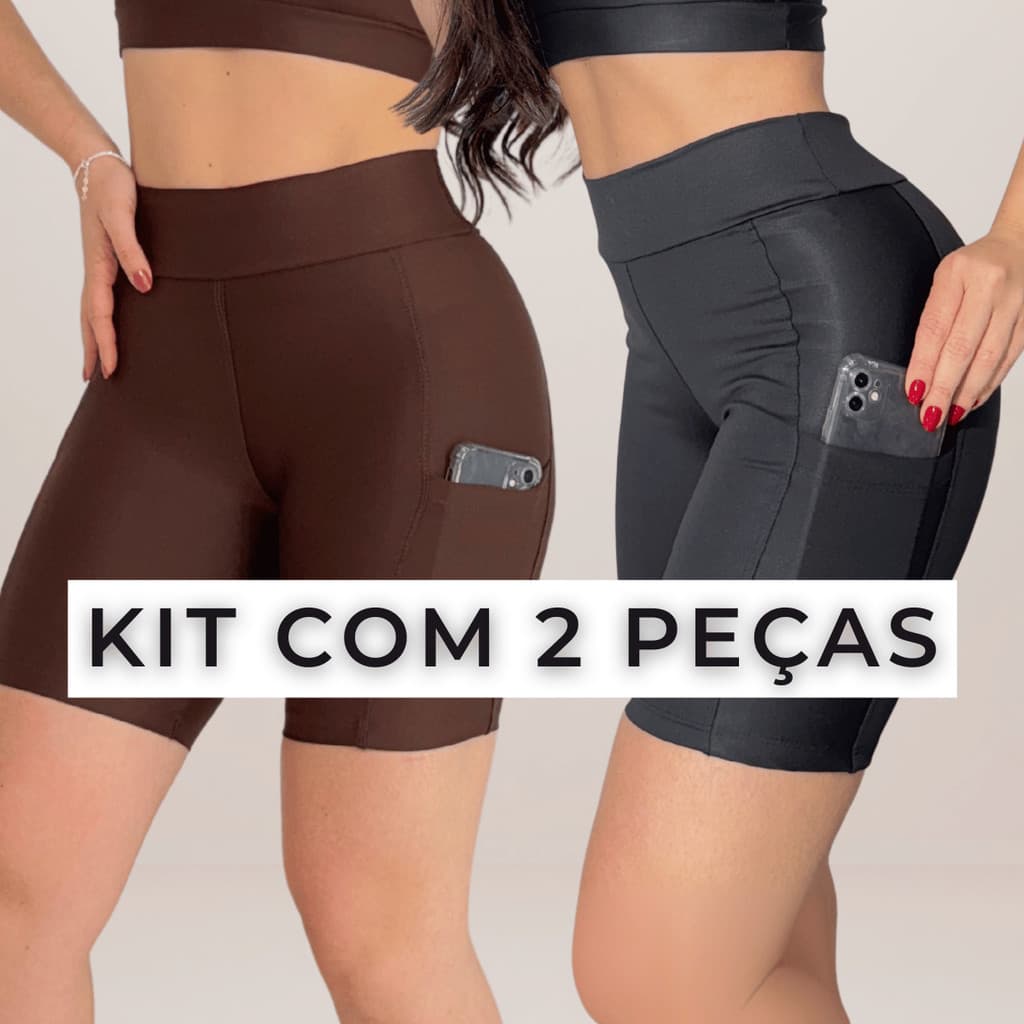 Kit 2 Shorts Feminino Com Bolso Fitness Short Bermuda Cintura Alta Corrida Roupa de Academia