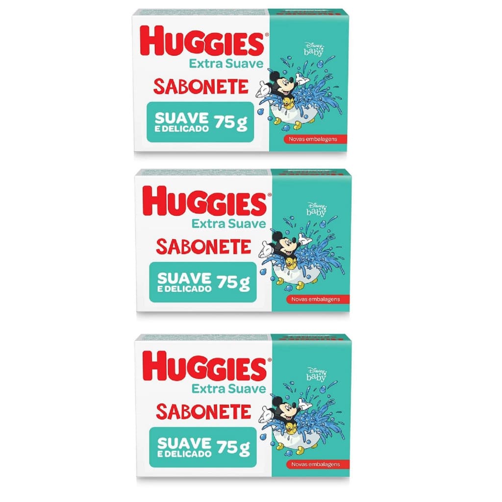 Kit com 3 Unidades de Sabonete em Barra Infantil Huggies Extra Suave 75g