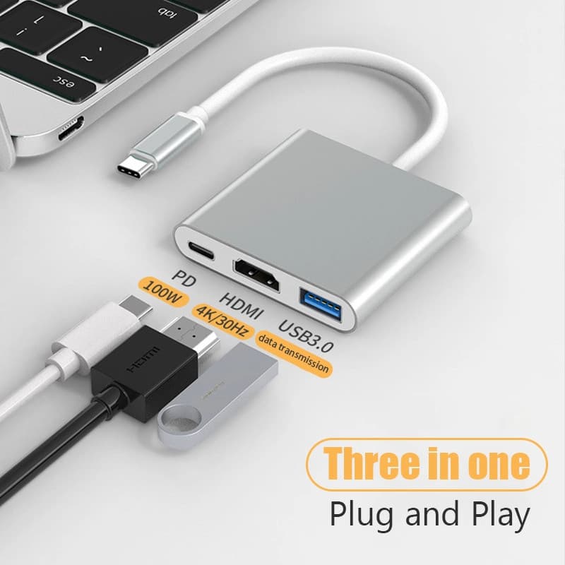 Adaptador USB Tipo C 3 em 1-HDMI+ USB3.0+ PD Para Macbook,Ipad Pro,Notebook e Celulares Compatíveis Hub