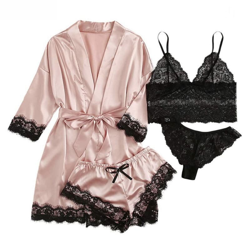Conjunto De Pijama Feminino De Cetim 4pcs Floral Lace Trim Cami Lingerie Sleepwear Com Robe Mulheres Sexy