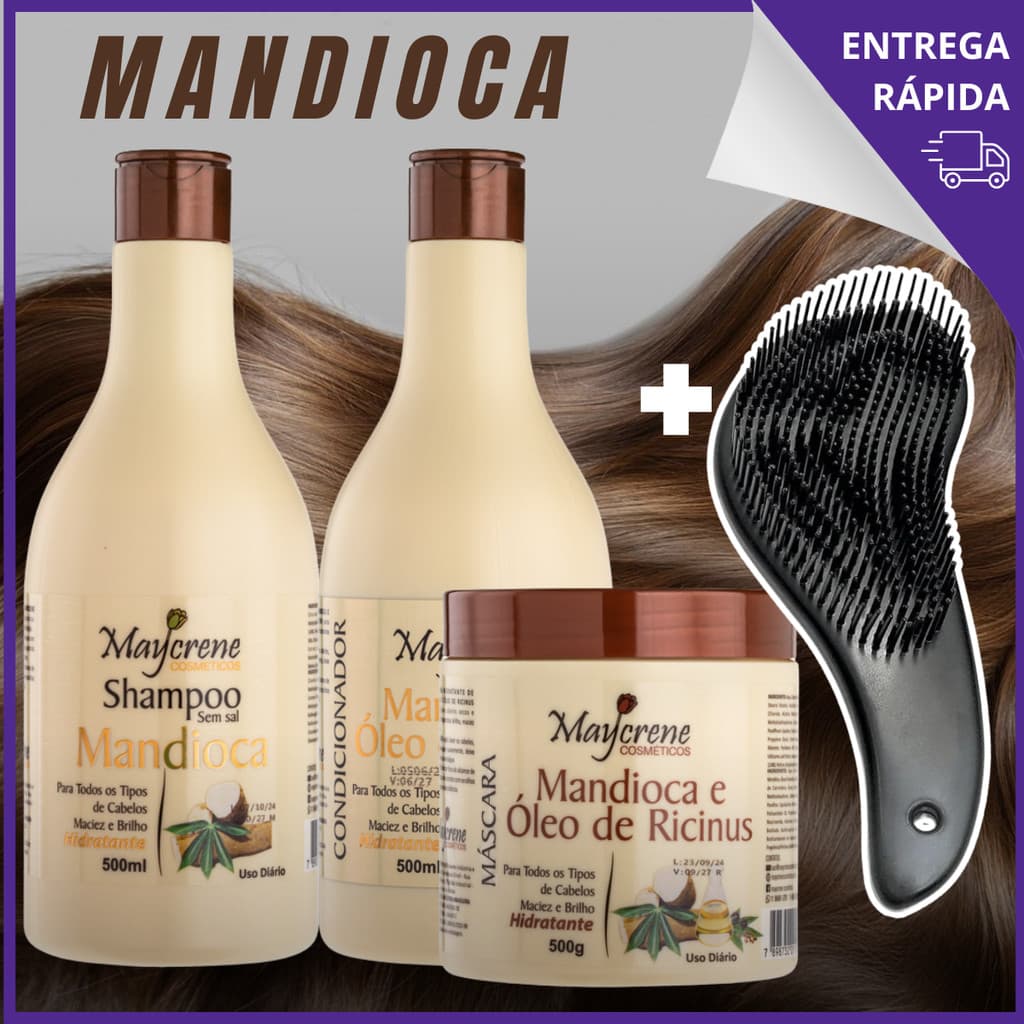 Kit Mandioca Shampoo Condicionador E Máscara + Escova Mágica 500ml Maycrene