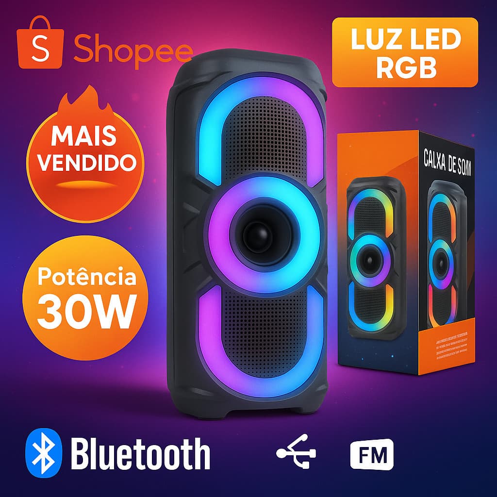 Caixa de Som Bluetooth 50W Portátil Potente LED RGB USB/FM TWS Karaokê com Entrada P/ Microfone