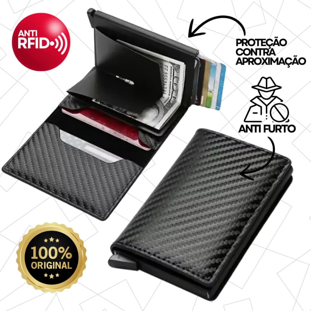 Carteira Mágica Tripla Masculina Slim Fibra De Carbono Preta Couro Porta Cartões Proteção RFID