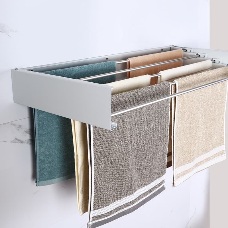 100 cm Varal de Parede Mágico Até 20Kg Retrátil Dobrável Todo de Alumínio Grande C/ 6 Varetas Branco