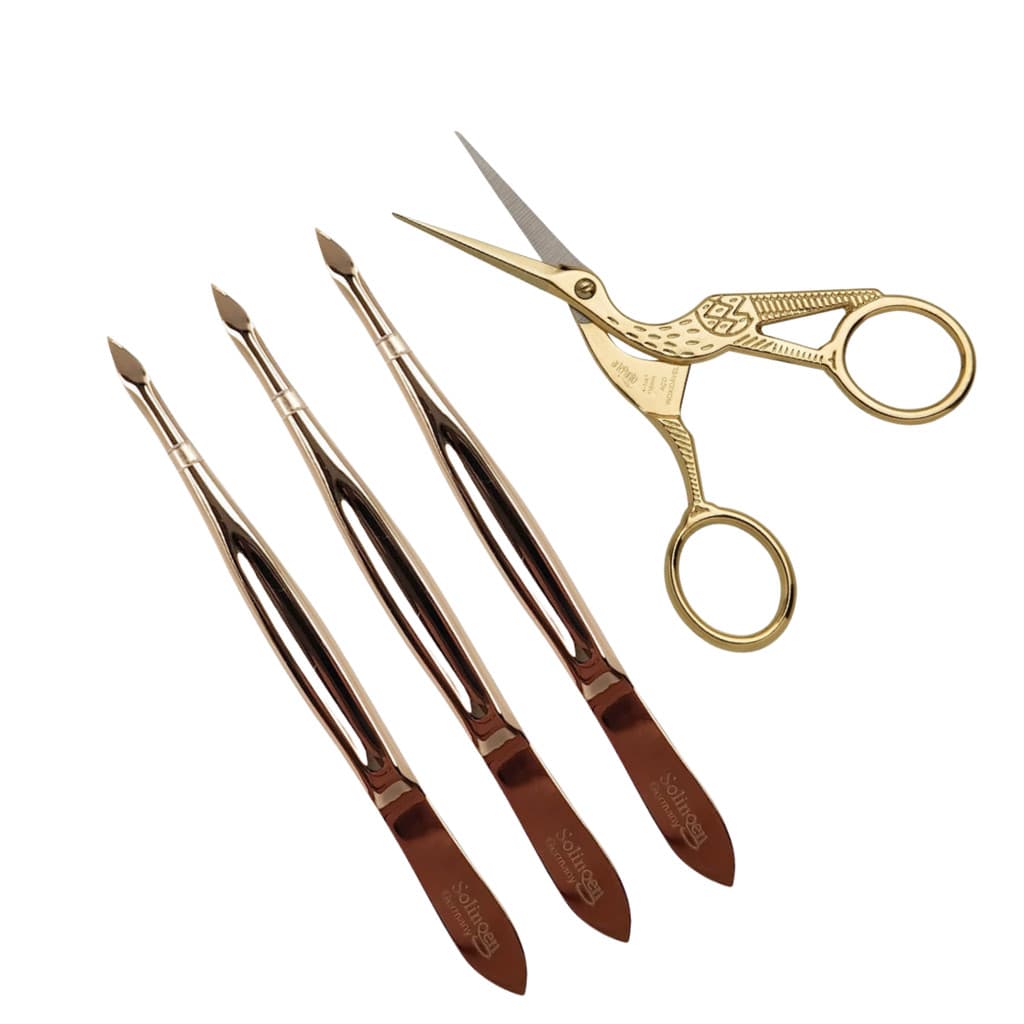 Kit 3 Pinça Solingen Ponta Triangular Design Profissional + Tesourinha Cílios Garça Dourada