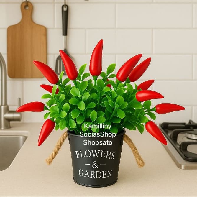 Buque Pimenta Artificial Realista no Vaso Garden Preto para  de Cozinhas, Salas , Entrada da Casa e Escritório  Enfeite